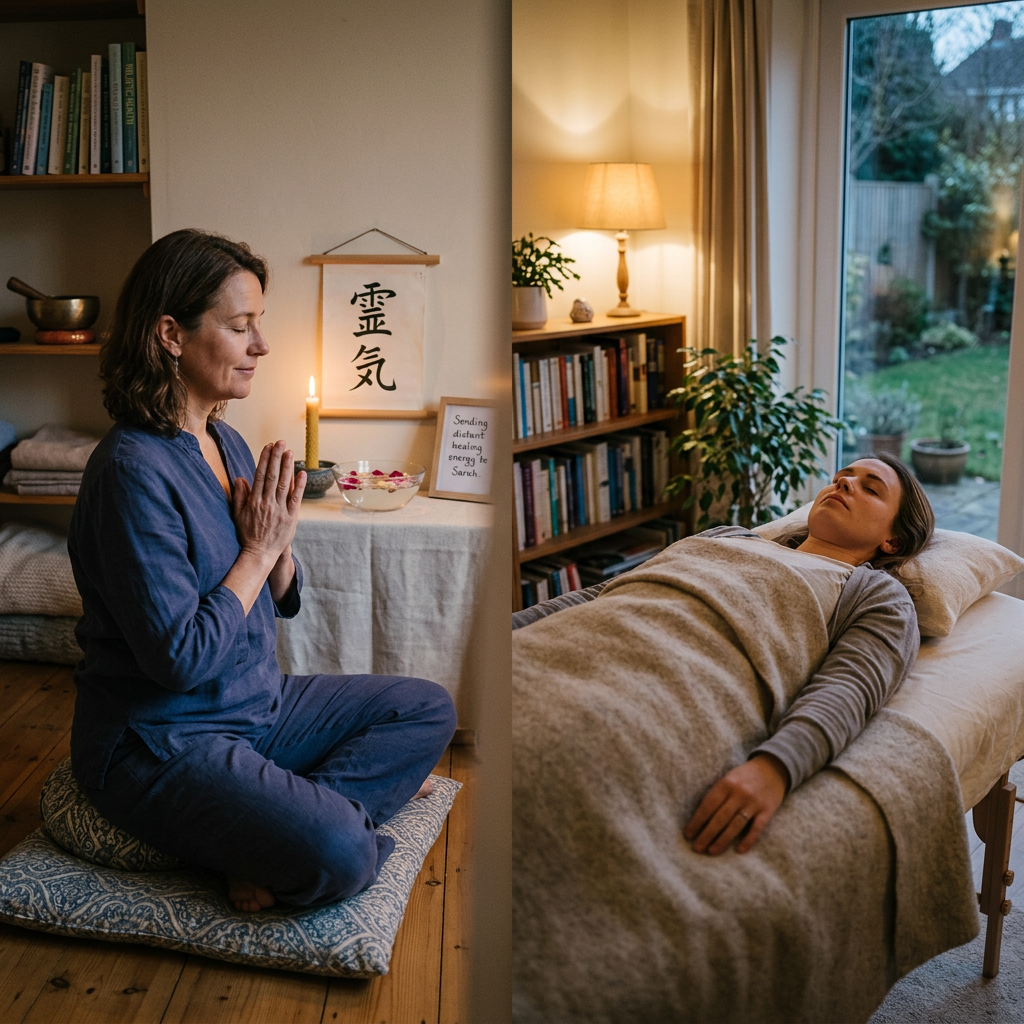 Split scene of practitioner meditating beside client receiving energy healing